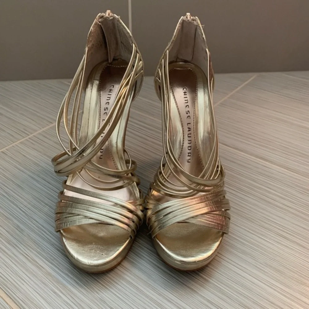 Chinese Laundry gold strappy platform heels